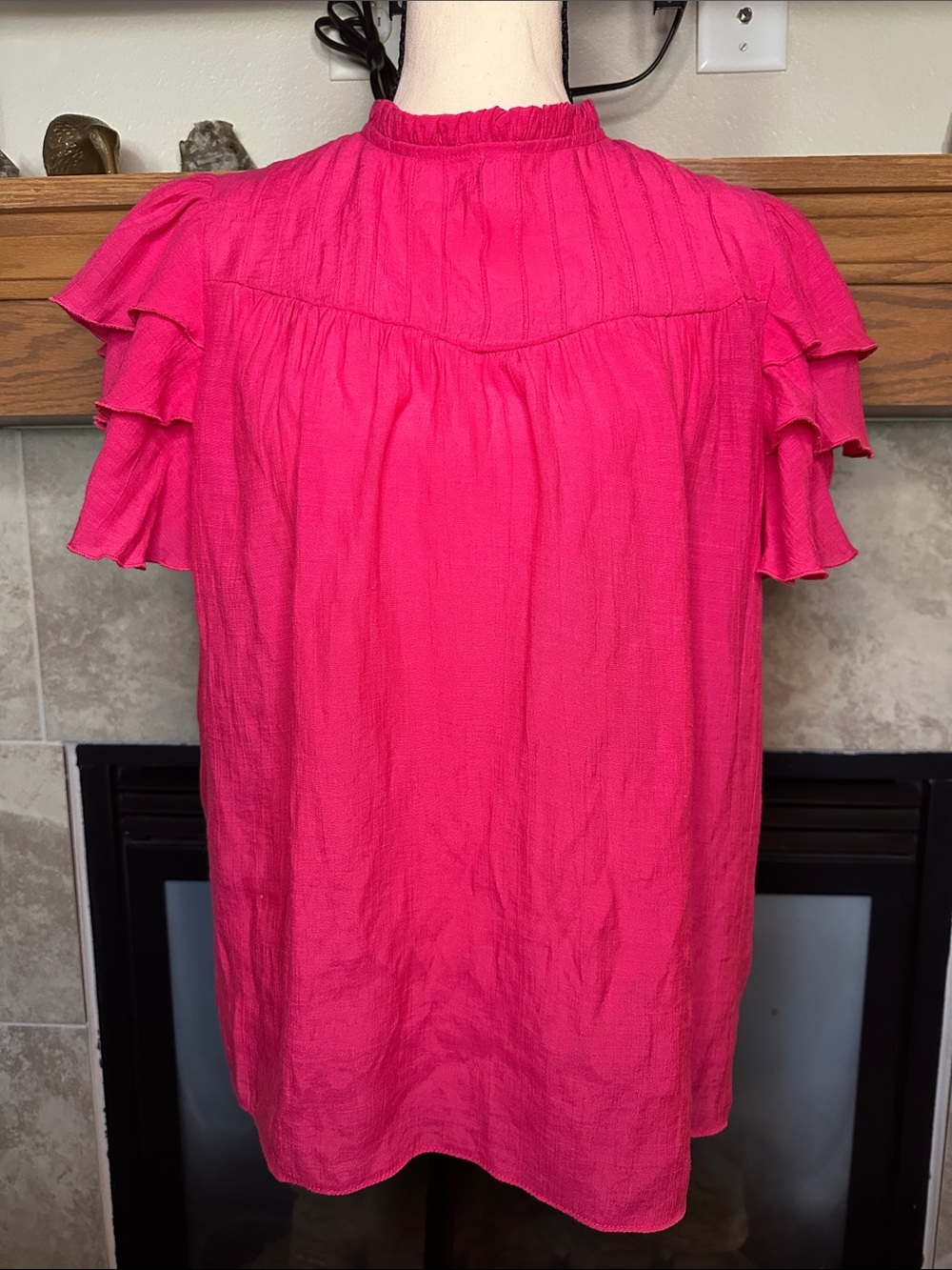 Nanette Lepore M Pink Tiered Ruffle Sleeve Mock Neck Blouse Short Sleeve Top